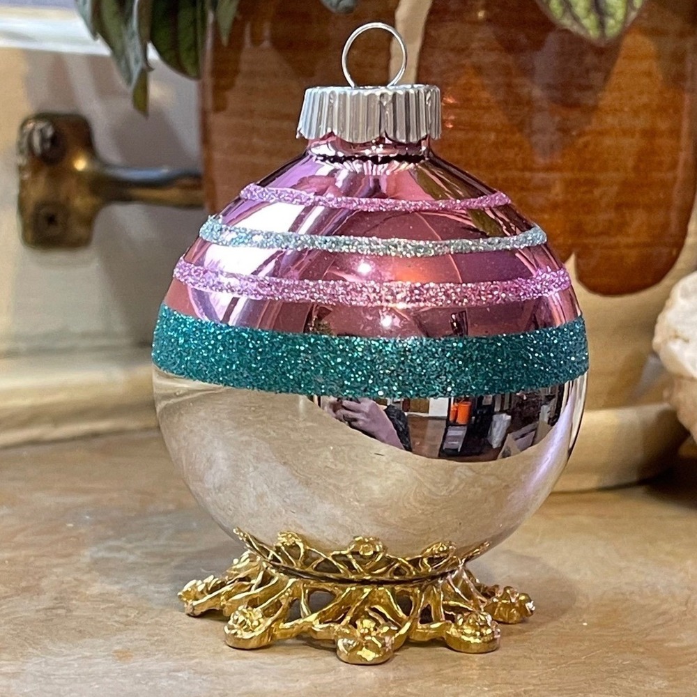3" Radko Shiny Brite Glitter Striped‎ Ornament Ball Pink Teal Blue Silver Mcm